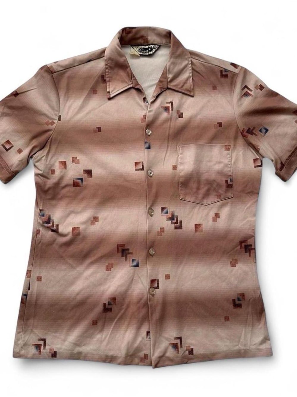 Vintage 1980s Men's Short-Sleeve Button-Up Shirt - Taupe Geometric Print M